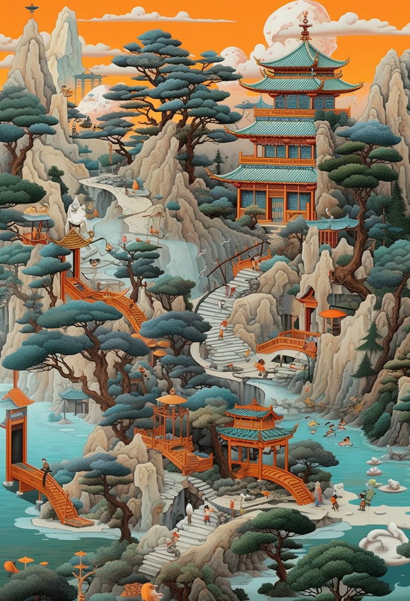 国潮山川河流手绘风景画,插画/手绘图,插画/手绘图库,插画/手绘图下载,插画/手绘
